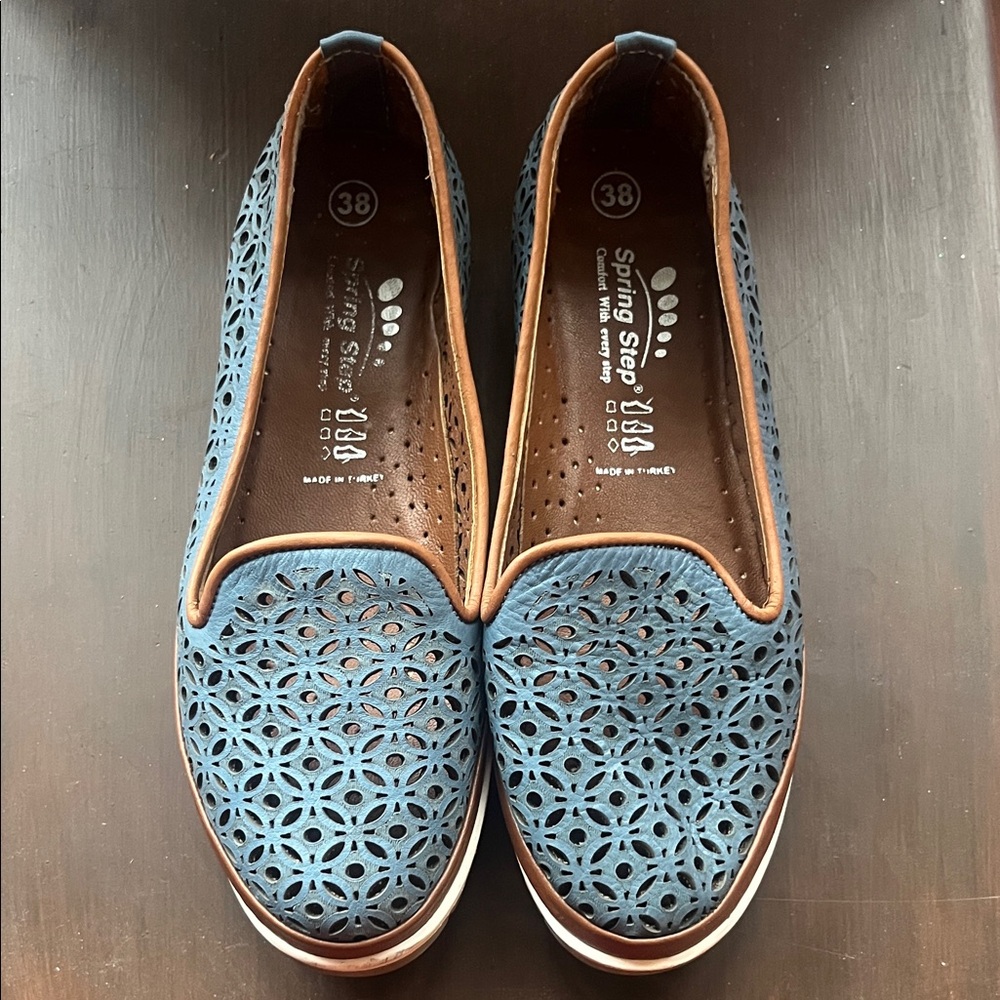 Spring Step Blue Perforated Slip-On Loafers with Tan Trim